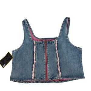 Lee Denim Crop Tank Top With Pink Frayed Trim Zip Front XL Made In Pakistan